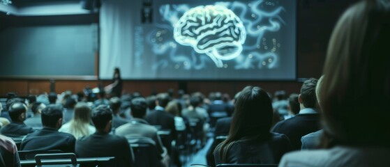 An engaged audience in a conference room focuses on a presentation about neuroscience, highlighted by an illuminated brain diagram.