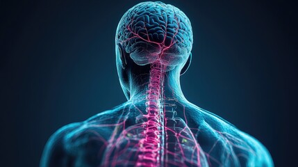 Nervous system, brain and spinal cord highlighted, intricate neuron pathways, 3D illustration