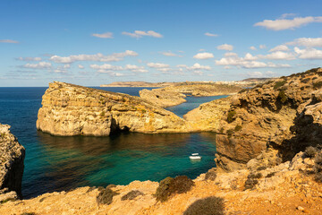 Panorama of comino island inGozo Malta with amazing crystal blue turquoise water sea in...