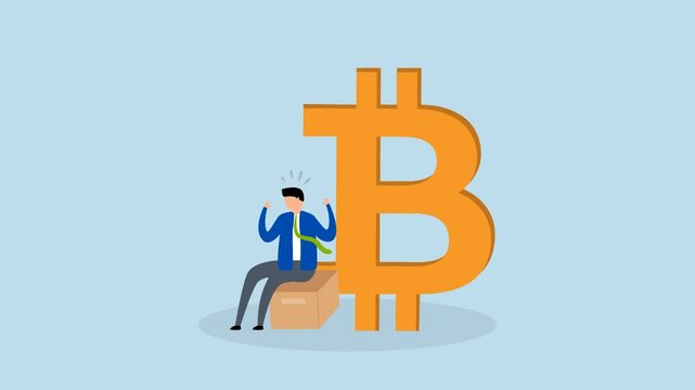 Fear, 4k animation of uncertain businessman investor is seated anxiously next to the Bitcoin symbol.
