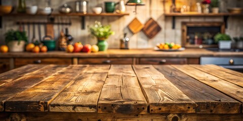 Fototapeta premium Rustic wooden tabletop with a blurred background of a cozy kitchen with shelves, pots, and natural light