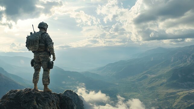 A soldier in full gear standing on a scenic cliff, looking out over a peaceful valley as clouds drift across the sky.