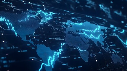 World stock exchanges linked by fluctuating graph lines on a global map