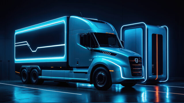 Futuristic electric semi-truck with blue neon lights. This image showcases a sleek, modern electric semi-truck with blue neon lights, illuminated in a dark industrial setting.