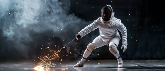 Naklejka premium A fencer poised in dramatic readiness, surrounded by swirling smoke and flying sparks, embodies focus and determination in the heat of competition.