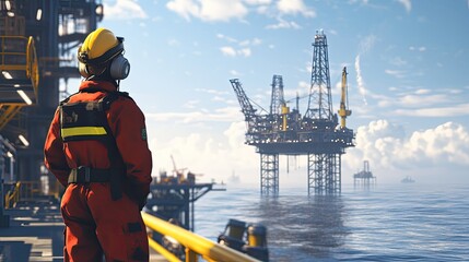A worker in full protective gear standing on a ship, overseeing the distant oil rig operations during a clear day at sea.