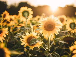 Obraz premium A vibrant field of sunflowers basks in the golden glow of the setting sun, creating a picturesque scene of natural beauty