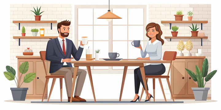 Candid Flat Couple Enjoying Coffee Together at a Rustic Kitchen Table | Warm Homely Atmosphere and Natural Connection in Relaxed Setting | Vector Illustration for Business Concepts