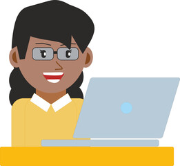 illustration of a young black woman with glasses while working or studying on a laptop computer