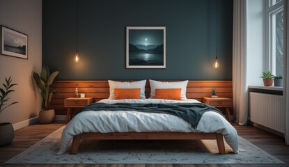 A cozy and inviting bedroom with a dark teal accent wall and a wooden bed frame. The warm lighting and natural elements create a relaxing and peaceful atmosphere, perfect for a restful night&rsquo;s sleep.