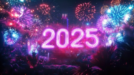 2025 crafted from shimmering neon lights, surrounded by fireworks bursting in the night sky.
