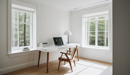 Bright and minimalist home office with a wooden chair, white desk, and laptop. Large windows on both sides provide ample natural light and a serene view of the outdoors