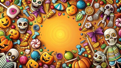 Fototapeta premium Bright, comic book-style s of classic Halloween elements like candy, skeletons, and monsters, Halloween, comic book, bright