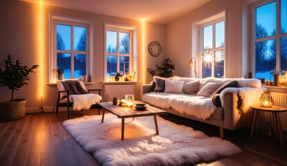 A cozy Scandinavian living room with a white sofa, a sheepskin rug and neon light streaming through large windows