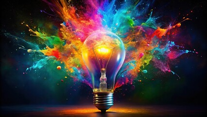 Energetic and inspiring lightbulb eureka moment with explosion of colorful paint , innovation, creativity, inspiration