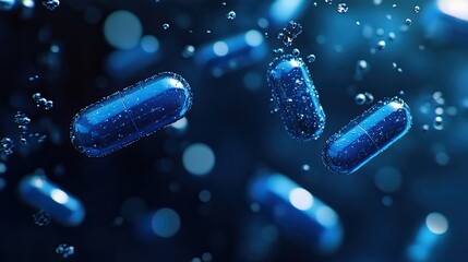 Close-up of floating blue capsules with tiny sparkling particles, suggesting innovation and advanced pharmaceutical technology.