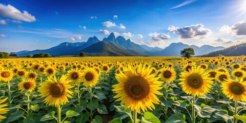 Obraz premium Sunflower field under blue sky with mountains in the background, sunflower, field, nature, countryside, sunny day, bright