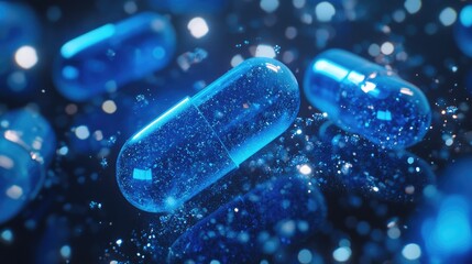 Floating blue capsules surrounded by a field of tiny sparkling particles, creating a futuristic health and wellness concept.