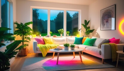 A modern living room with a white sectional sofa, colorful pillows, and a coffee table. The room features large windows with a view, plants, and warm lighting, creating a stylish and comfortable space