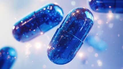 Floating blue capsules with a shimmering, sparkling effect against a clean white background, creating a futuristic, medical aesthetic.