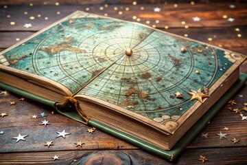 A mystical, celestial atlas, its pages a vibrant, seafoam green and chocolate tapestry, charting the courses of pale blue, starry skies.
