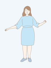 Confident woman with pretty plus-size body, curvy figure, wearing casual office outfit . Hand drawn flat cartoon character vector illustration.