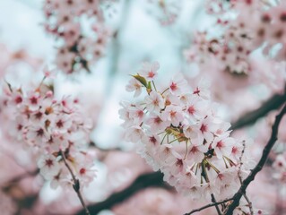 Obraz premium A stunning display of cherry blossoms fills the scene, with vibrant pink petals blooming against a tranquil background