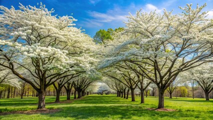 Obraz premium Flowering dogwood trees in orchard in spring time rendering, flowering dogwood, trees, orchard, spring, rendering
