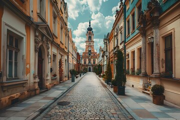 Obraz premium Charming Cobblestone Street with Historic Architecture and Towering Clock Tower