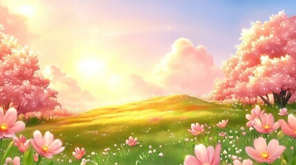 A serene landscape with blooming flowers and a vibrant sunset, evoking tranquility and beauty.