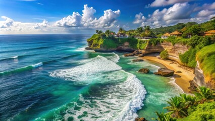 Obraz premium Beautiful view of a coastline in Bali , Bali, Indonesia, coast, ocean, tropical, paradise, palm trees, waves, vacation