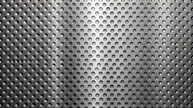 A repeating pattern of perfectly circular holes punched in a smooth, brushed metallic sheet, creating a textured and industrial backdrop.