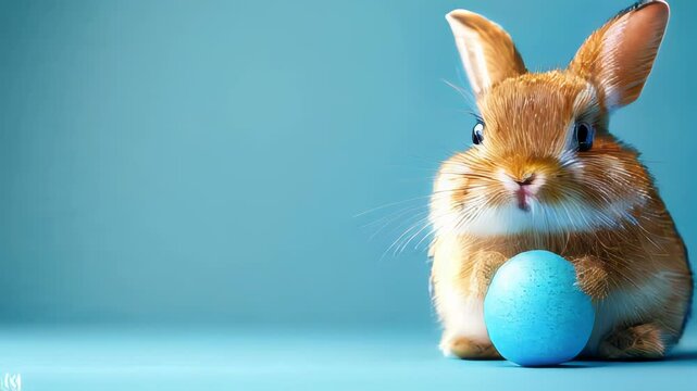 A cute brown bunny holds a blue Easter egg against a light blue background