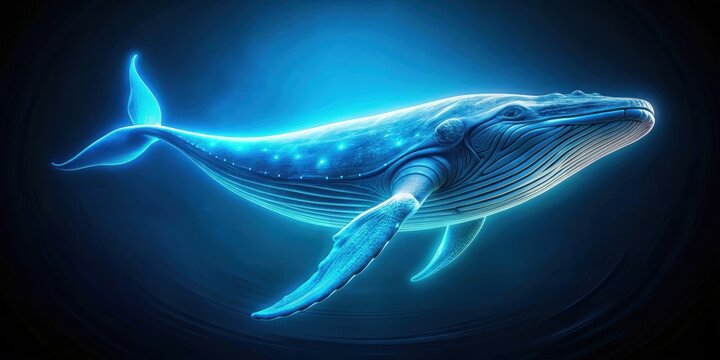 Neon backlight effect of a massive blue whale on a dark ocean background with glowing threads , glowing, neon, blue whale