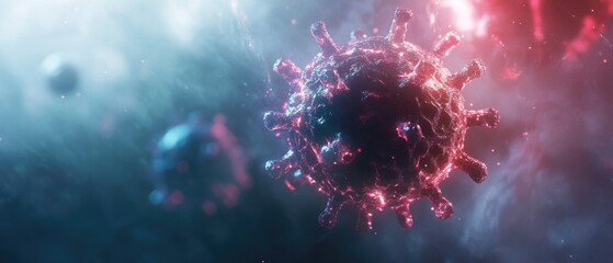 Colorful visualization of a virus on a digital background, scientific concept.
