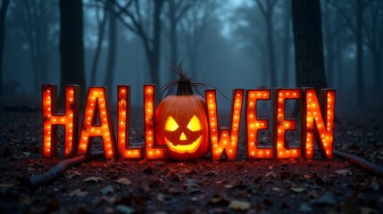 Glowing Halloween Sign with Jack-o'-Lantern in Foggy Forest