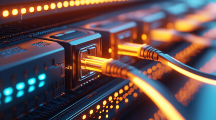 Naklejka premium Close-up of fiber optic cable terminals in a server room, showcasing advanced technology for data transmission and connectivity in a modern data center environment