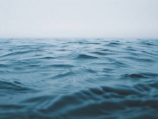 Naklejka premium Gentle waves of the ocean stretch into the horizon under a hazy sky at dawn, offering a peaceful and soothing setting