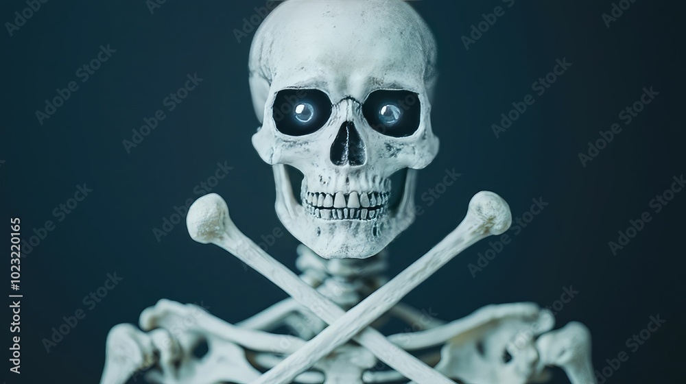 Poster a detailed skeletal figure with crossed bones, representing themes of mortality and anatomy, ideal f