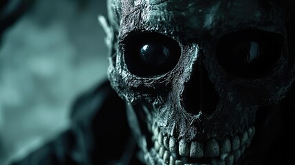 Obraz premium A haunting close-up of a skull, capturing eerie details and dark textures, perfect for Halloween or horror-themed projects.