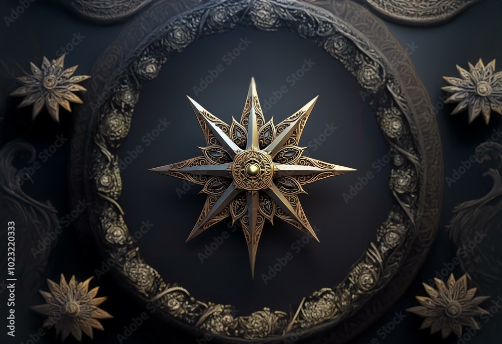 Poster a gold ornate eight-pointed star sits within a circular frame of intricate golden floral designs on 