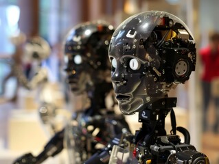 Fototapeta premium Humanoid robots on display highlight cutting-edge technology and intricate design at a museum exhibition focused on innovation