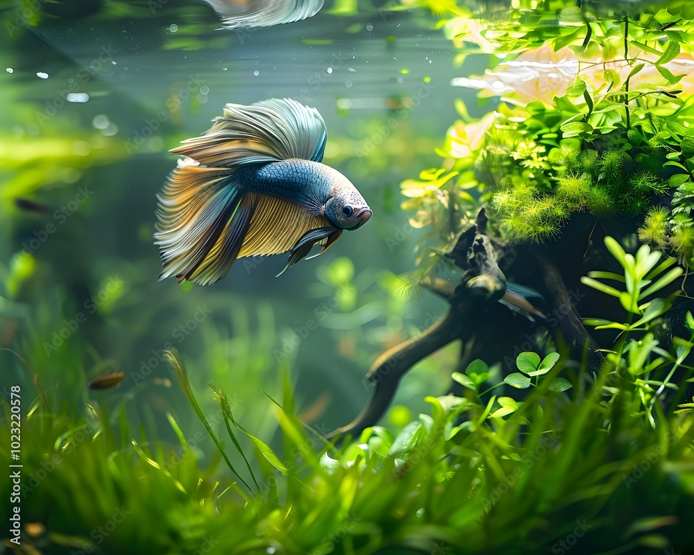 Canvas Prints Majestic Betta Fish Gracefully Swimming in Lush Aquarium Filled with Natural Decor