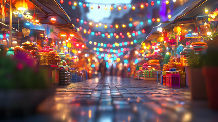 3D Glossy Icon: Dhanteras Festive Market Scene with Vibrant Stalls & Shoppers Under Colorful Lights - Detailed Camera Pan Across Lively Shopping Experience