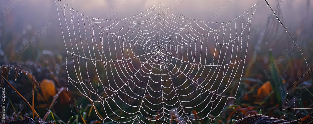Poster a stunning close-up of a spider web adorned with dew drops, illuminated by soft morning light in a m
