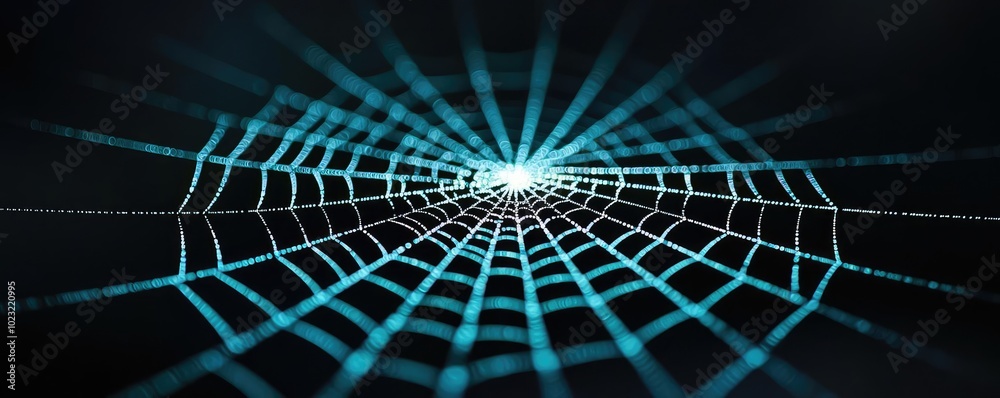 Poster Close-up view of a delicate spider web glistening with dew against a dark background, showcasing intricate patterns and natural beauty.