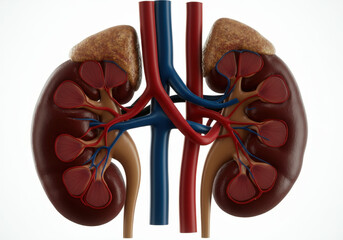 Human kidneys with adrenal glands showing arteries and veins