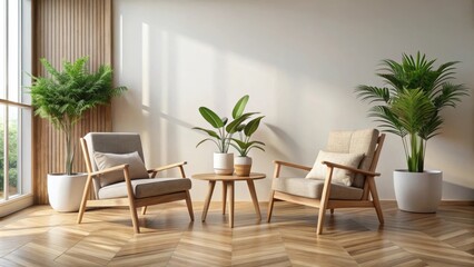 Minimalist living room with two armchairs, a coffee table, and potted plants, bathed in natural light