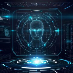 A holographic representation of a human head appears within a high-tech interface filled with data and geometric patterns
