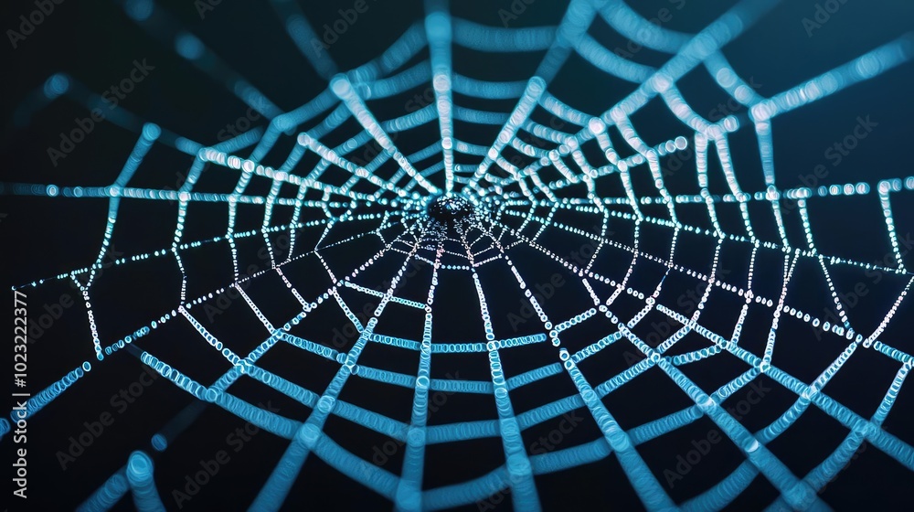 Poster a close-up view of a beautifully woven spider web, showcasing intricate patterns and delicate detail